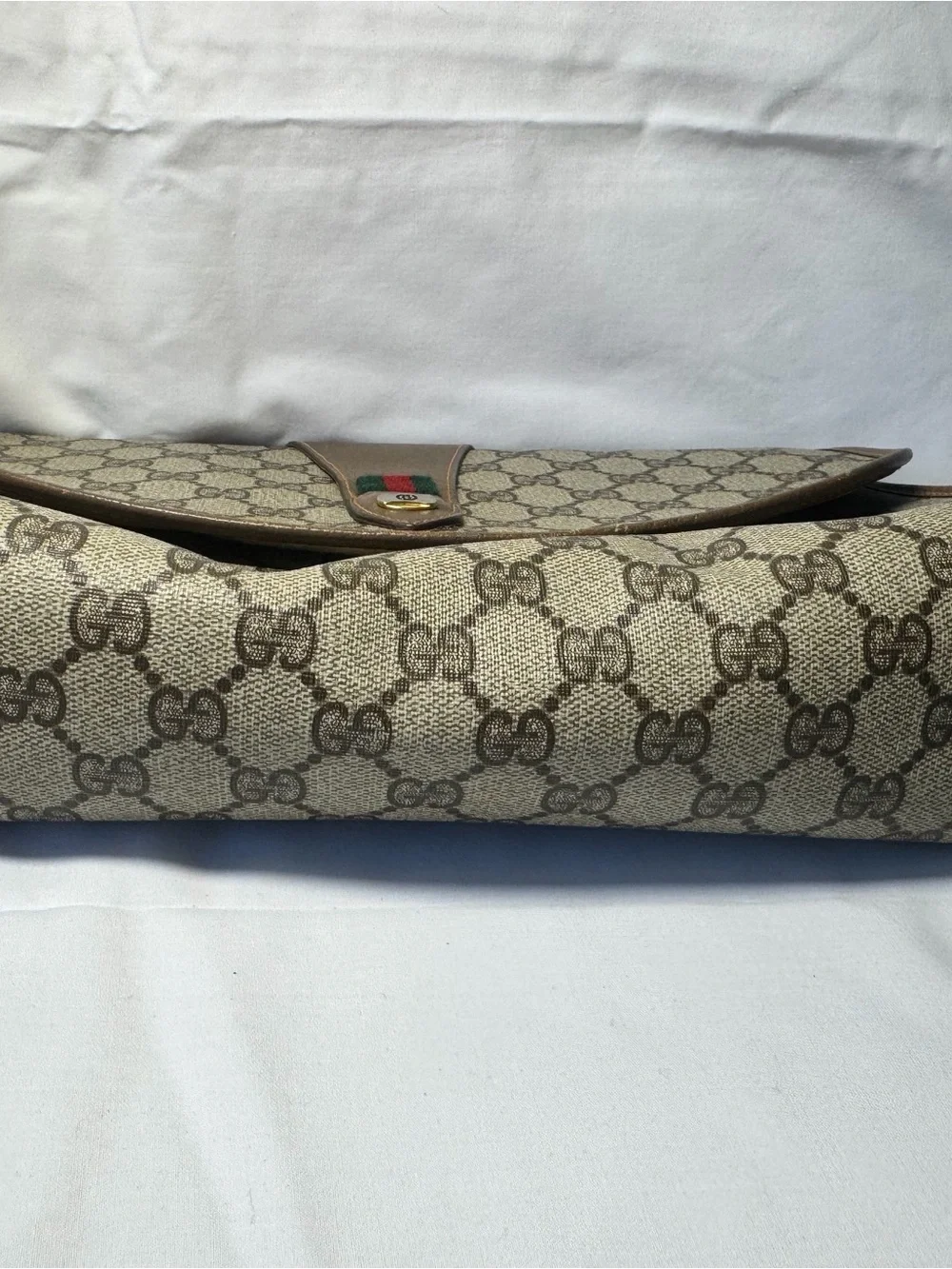 Gucci Beige Brown GG Canvas Clutch with Web Stripe